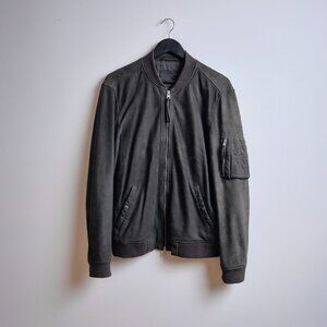 All Saints Soft Lambskin Leather Bomber Jacket - Charcoal / Large